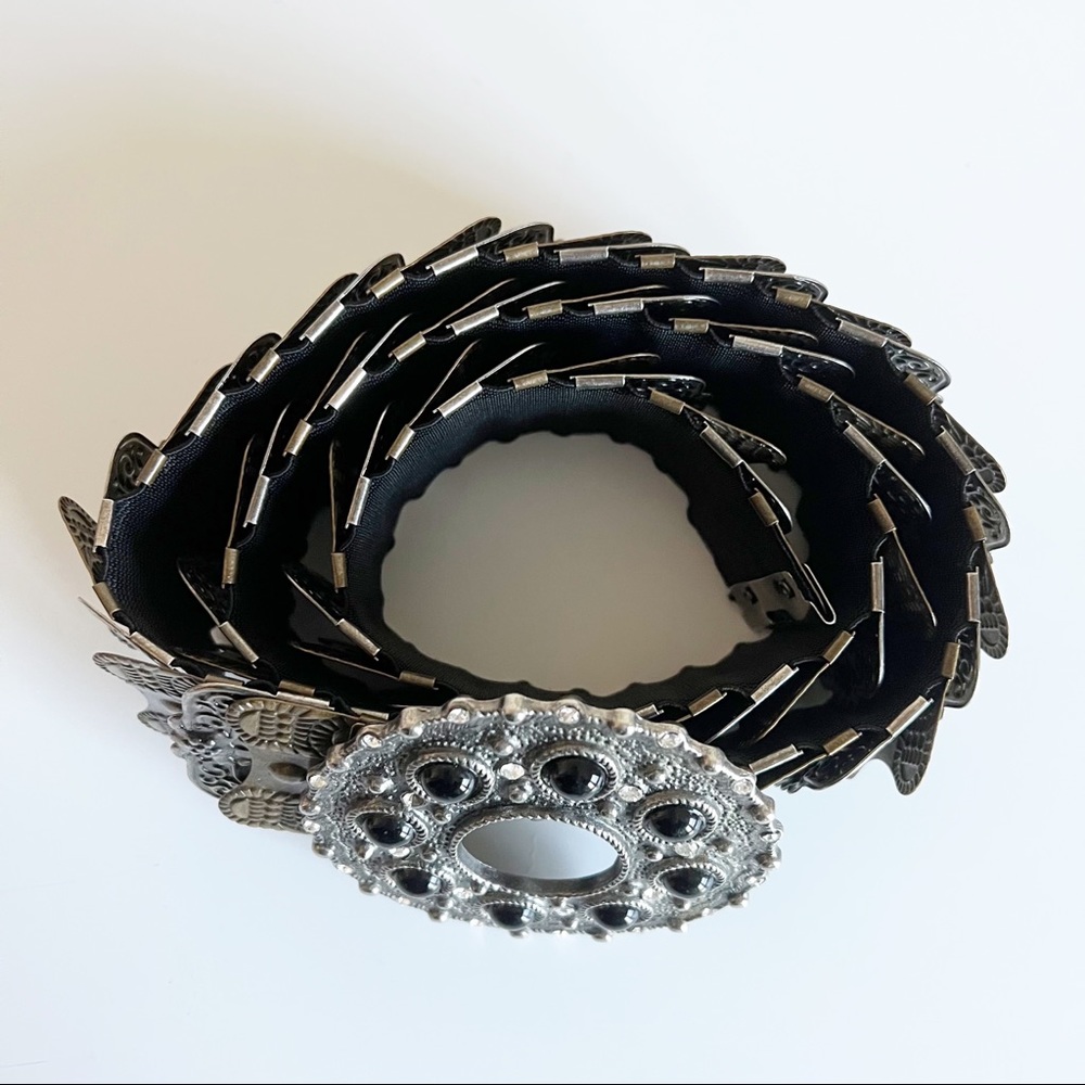 Antique Silver Bronze Metal Beaded Rhinestone Buckle Elastic Band Belt 31 - Picture 2 of 14